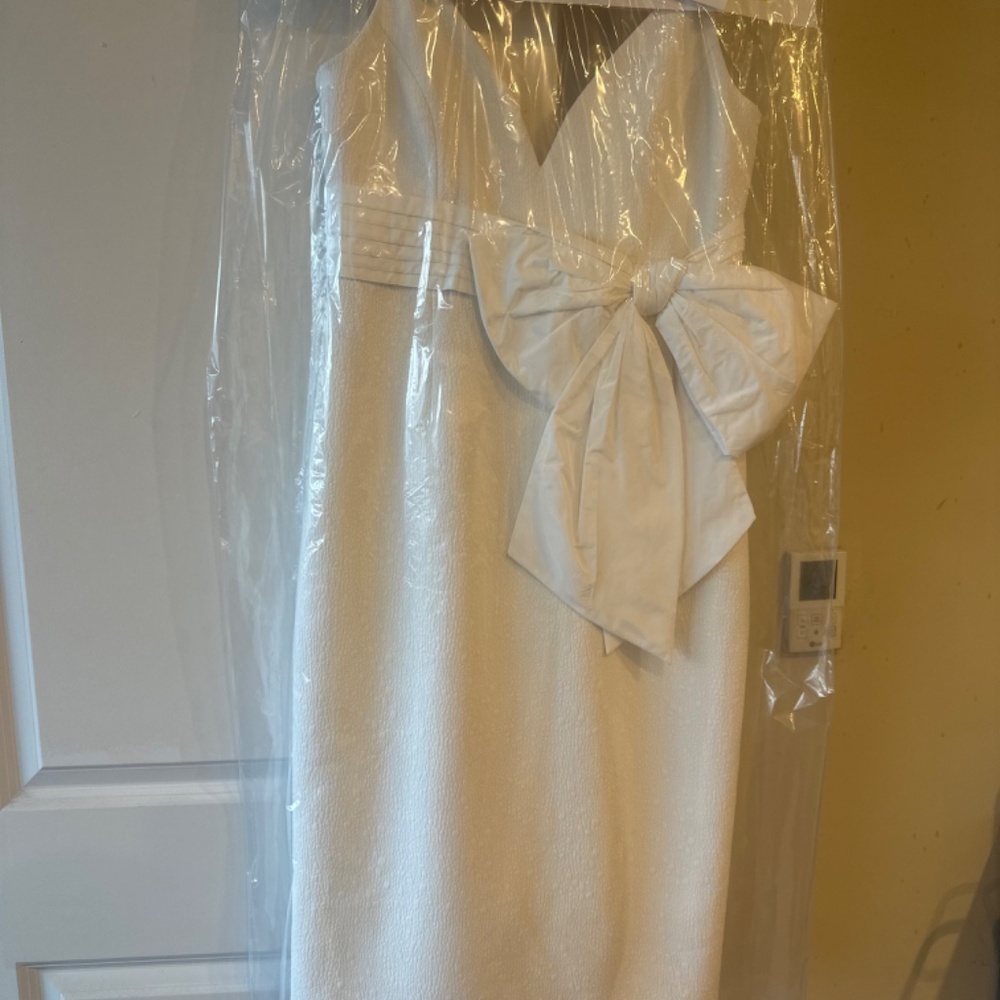 White Bow Rehearsal Dinner Dress - Genevieve Sheath Midi Dress - Picture 2 of 3